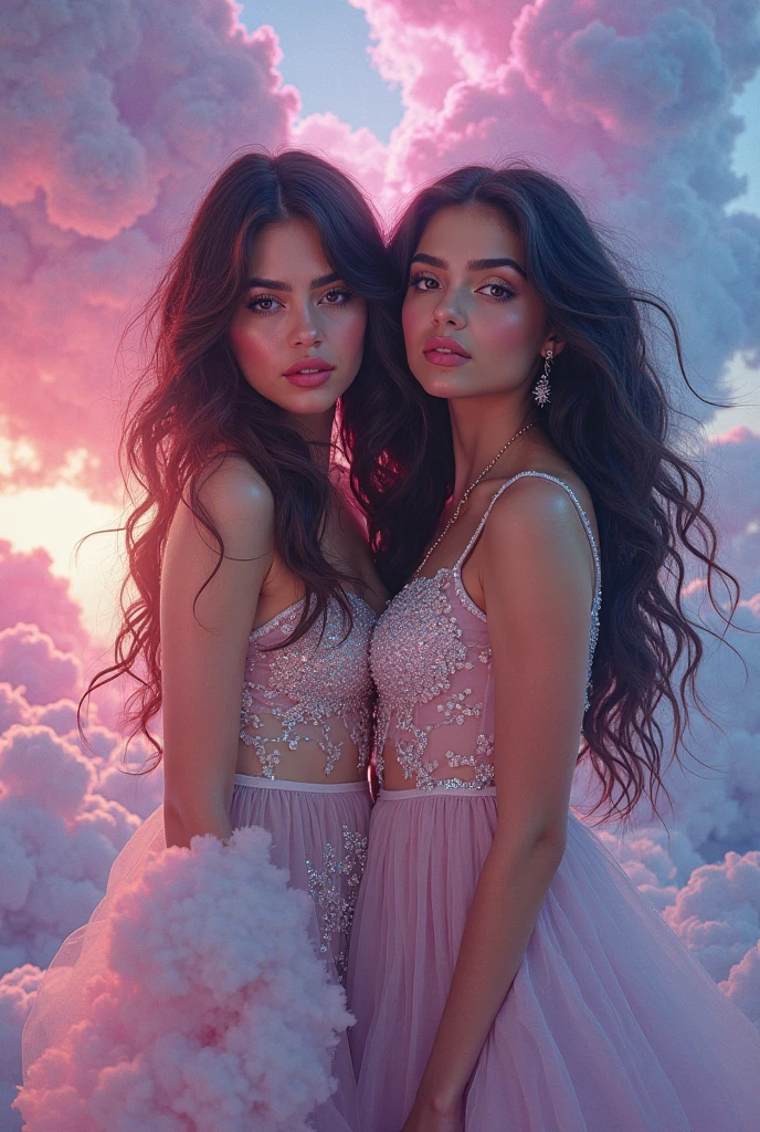 2 beautiful young woman with long black hair, a second woman with long black hair, wonderful women, starry night sky, glowing stars in the sky, glowing luminous lighting, (well-shaped breasts), (wearing a blue dress:1.2), vibrant colors, dramatic lighting