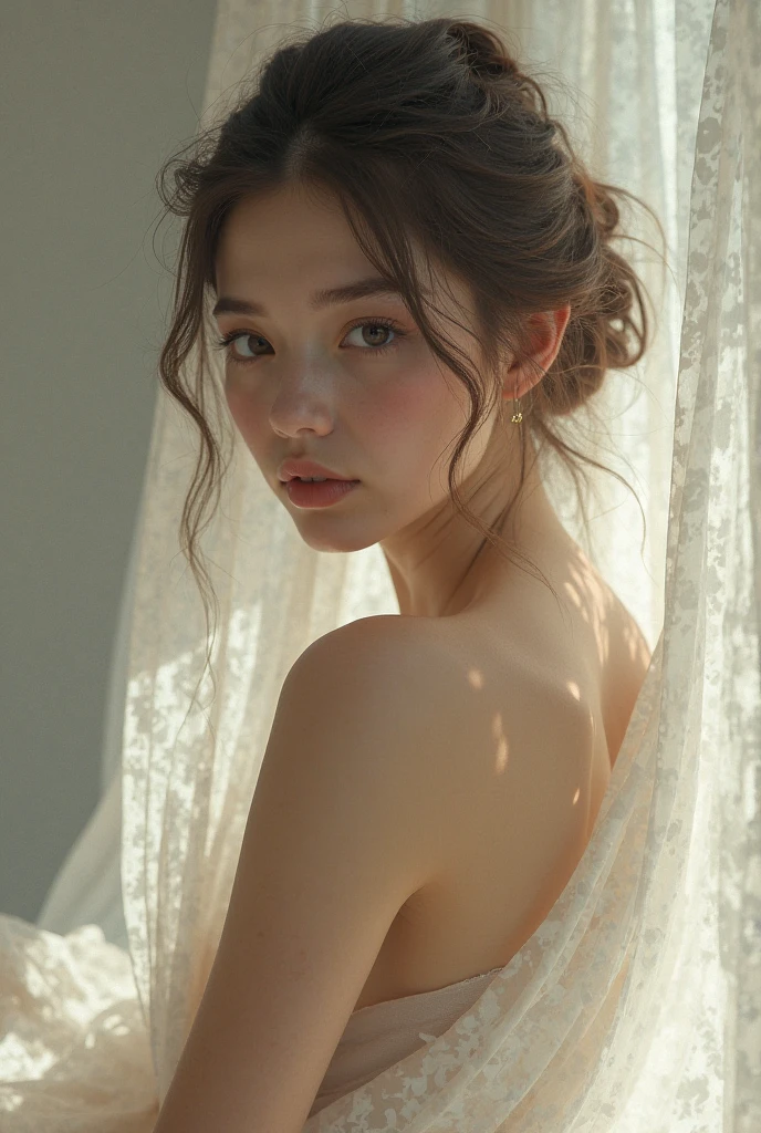 1girl in, Solo, a pixie cut,Background white,in bed,All Lace Materials 3/4 Cup Bra,T-back panties,M-shaped legs,Japan teenagers,