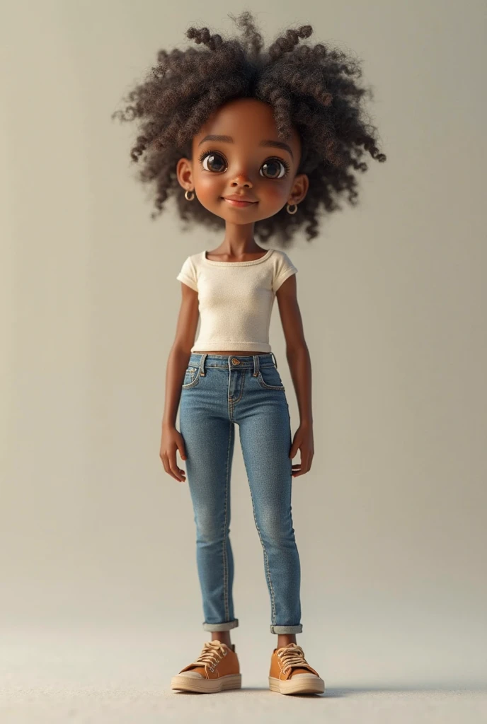 a little girl with pulando standing in front of a microphone, disney animation, brown skin like soil, cold studio lighting, evokes feelings of joy, beautiful artist rendering, as a pixar character, kawai, vestindo calça jeans, inspired by Sheila McClean, artist unknown, cherubic, by Charles Fremont Conner