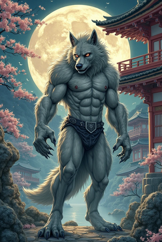 Sdorica,Lwa,Vientiane Story,Lowe,,werewolf,male,adult,alone,4K,best quality,best quality,looking at the audience,Show muscles,white fur,hairy body,Topless,not wearing clothes,bared chest,Hairy chest,furry tail,Pink nipples, chest muscles,Six-pack abs, biceps, anatomically correct,Delicate fur,pride,soft shadow,Majestic high-definition eyes,golden eyes,black pupils,Sharp eyes,Grandiose,brave,wrap,Jinbei,kimono,Confident smile,Strong,mature,fire glow,lantern,lantern,bright moon,night,deep mountain,riverside