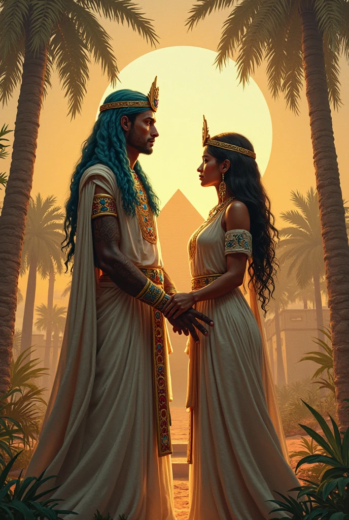 (highres, realistic:1.2, photographic), Egyptian couple, ancient Egyptian clothing, pharaohs with bride, highly detailed, natural pose, Egyptian art style, vibrant colors, soft lighting