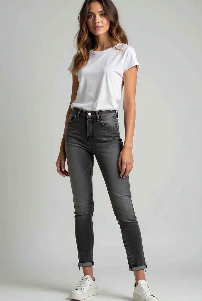 Young woman, in black skinny jeans, in a white loose T-shirt, with curly short blond hair, Brown eyes, in sneakers
