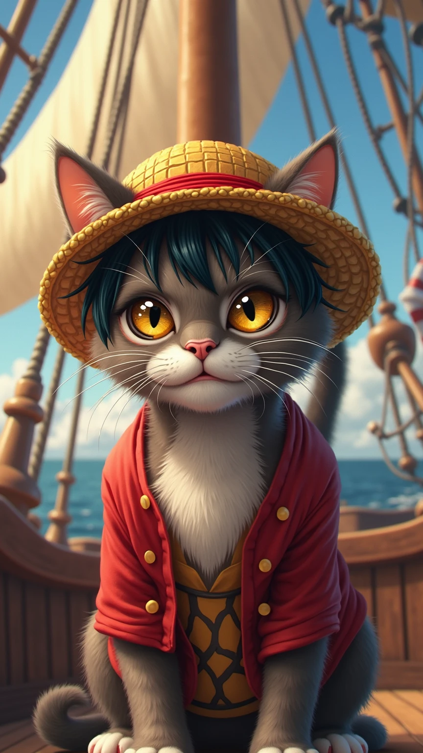 Close-up cat dressed as Luffy from One Piece on a pirate boat - SeaArt AI