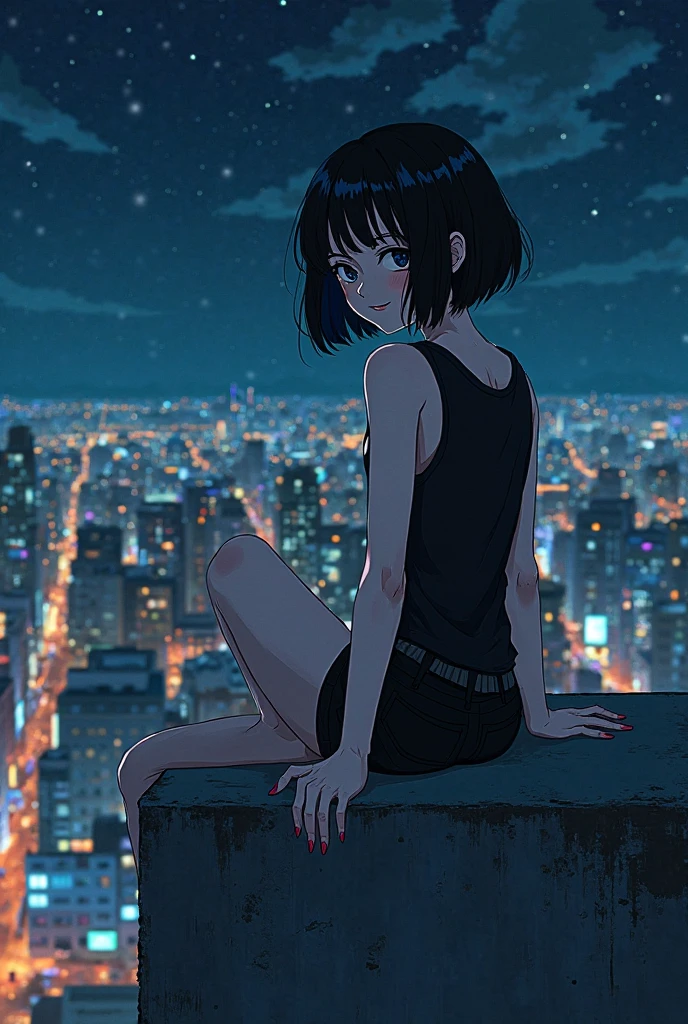 Girl, depressed, cigarette in mouth, Black Hair, Blue eyes, Tank top, hot pants, anime