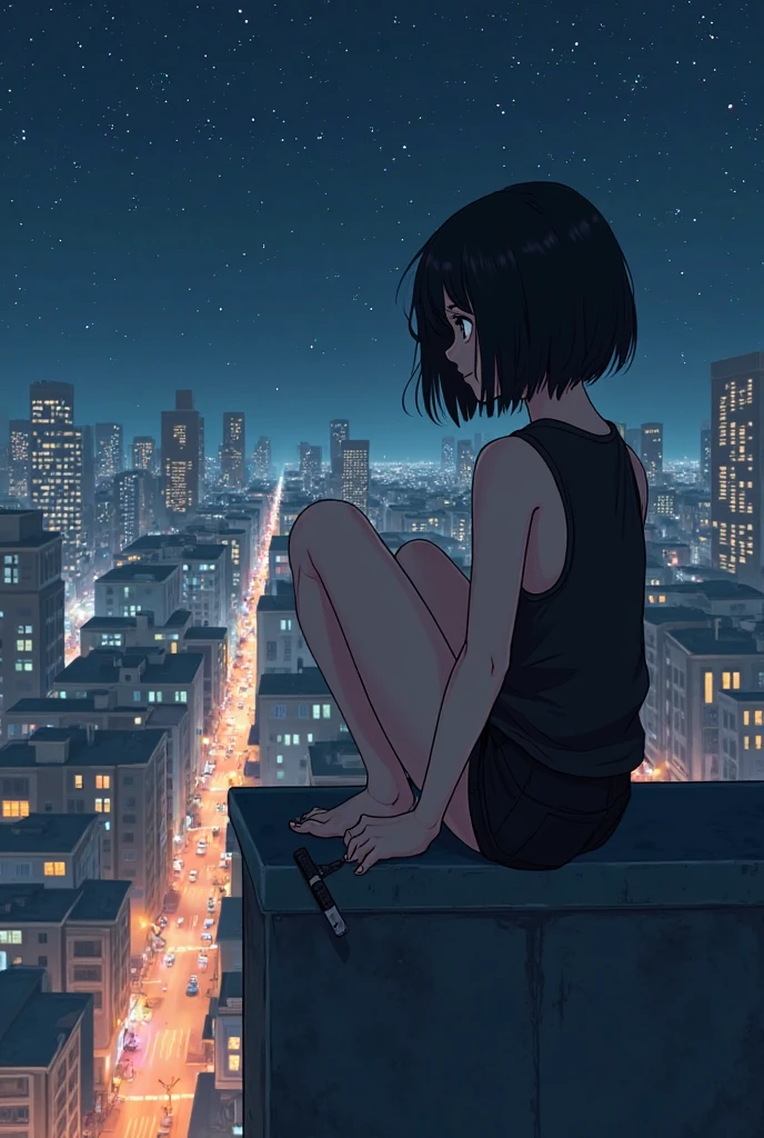 superflat, flat shading, flat colors, masterpiece, best quality, closeup, 1girl, little ???, 10yo, small breast, black hair, black swimsuit, sitting on grass, long hair, river, grassy hills, (black starry sky:1.2, industrial ruins and towers in background, best shadows, rays of sunlight, sketch