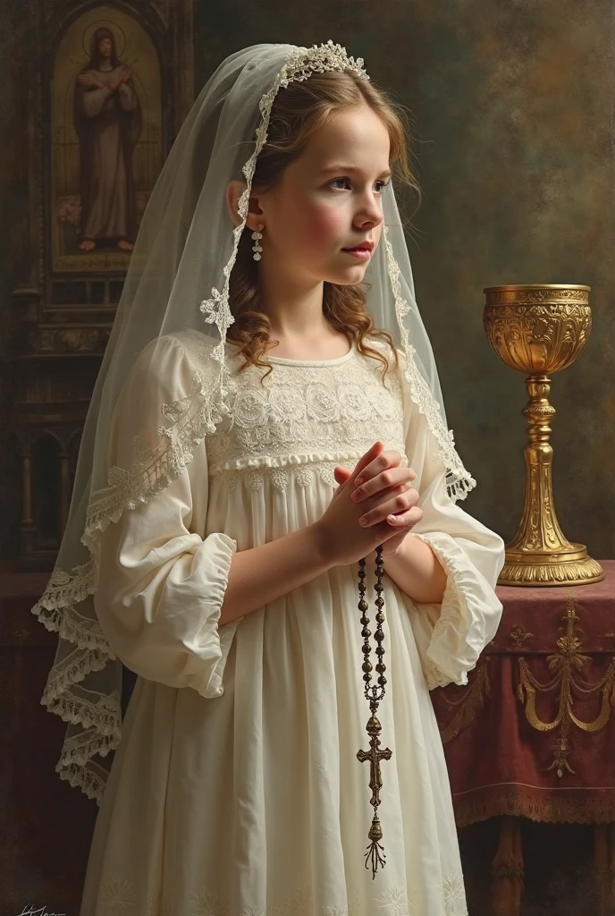 imagem de uma Russian blonde child girl , sentados em um trono, With a cross in his hand, CROSSES IN tHE WALL. , Fire And Damnation