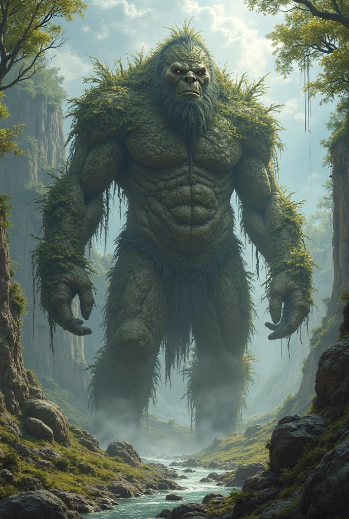 a colossal stone giant creature, a massive mythical being, a towering monstrosity, a hulking, brutish entity, a powerful cryptid, stalking through a dense jungle, fierce and violent, with a rugged, petrified skin, thick limbs, glowing details, abstract minimalist style, shrouded in mist, full body portrait, european fantasy aesthetic, perfect, dramatic, vibrant colorful tones, ink wash background, octane render, best quality, high resolution, dynamic angle