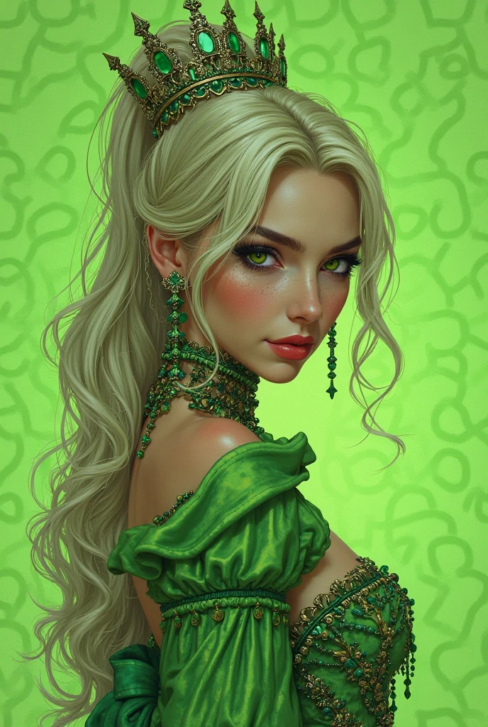 mountains,   Generate an incredible, best quality work of art, (  wearing  Elegant stola with contrasting borders and delicate embellishments ), Enchantress, Average Height, Narrow Hips, Diamond-Shaped Face, Dark Skin, Golden Blonde Hair, teal Eyes, Straight Nose, Full Lips, Round Chin, Shoulder-Length Hair, Coarse Hair, Straight Updo, small breasts, Stud earrings, gloss satin lipstick, realism oil painting, evocative, Aliens, Geometric, wearing HUD_shmrck, a dress made of delicate shamrock clover leaves intricately woven together, <lora:Shamrocked:0.8>, creating a whimsical and ethereal look, highly detailed