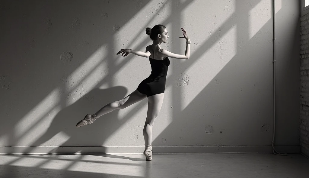 very dark focused flash photo of a woman doing a pirouette in an abandoned dark classroom, indoors, long shadow, wide angle, night, vignette, grainy, cellphone photo, lit from the front <lora:sdxl_darkflash_V1-step00000800:1.0>