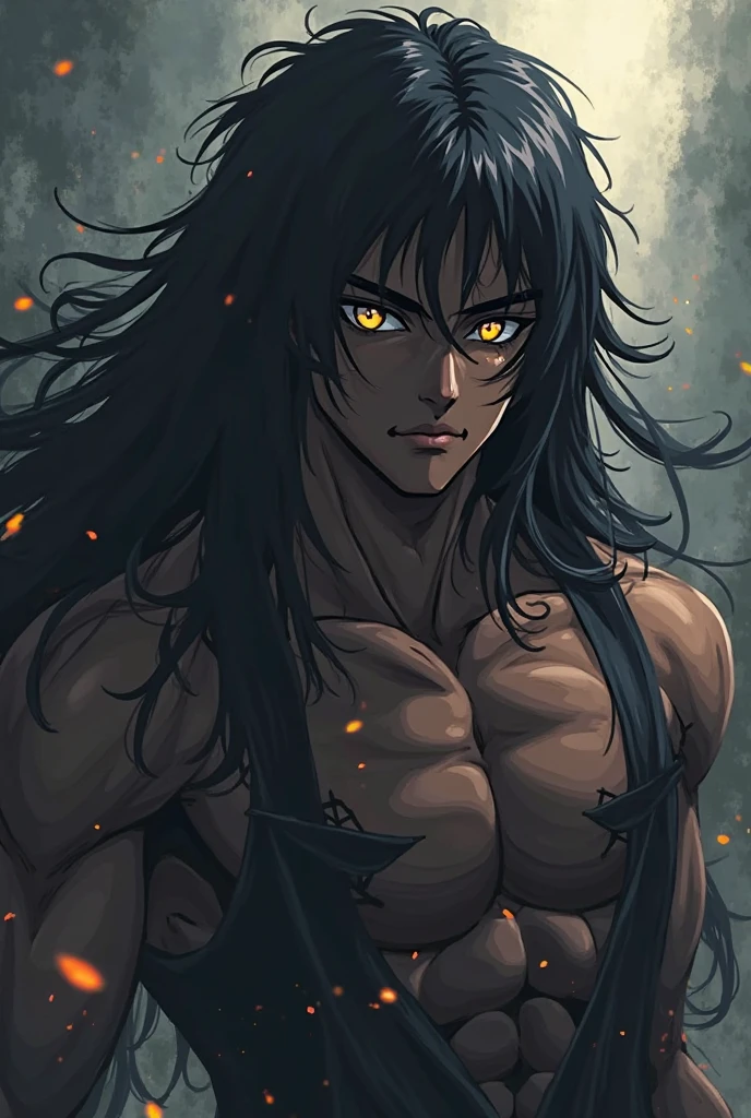 A adult boy with long wolf cut hair and with the mascular body with out t shirt and having a injury mark on face from forehead to the chain