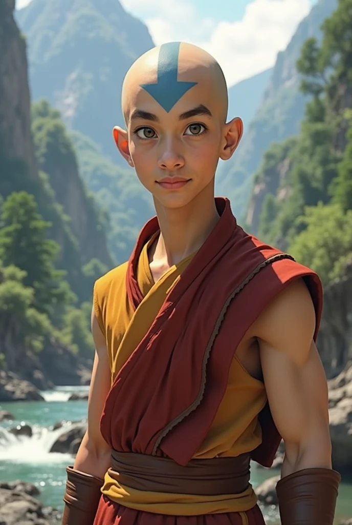 Masterpiece,realistic photo of AangAv, solo, potrait ,1 boy, Tibetan, light skin, gray eyes, bald, blue arrow, orange and yellow robes,pose ready to fight