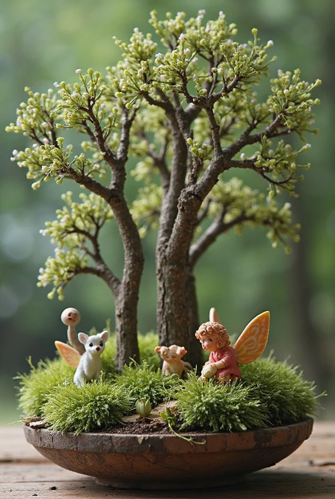 * A sunny clearing in the forest, where a group of tiny fairies gather around a miniature bonsai. The fairies laugh and talk as they tend to the tiny tree with delicate tools