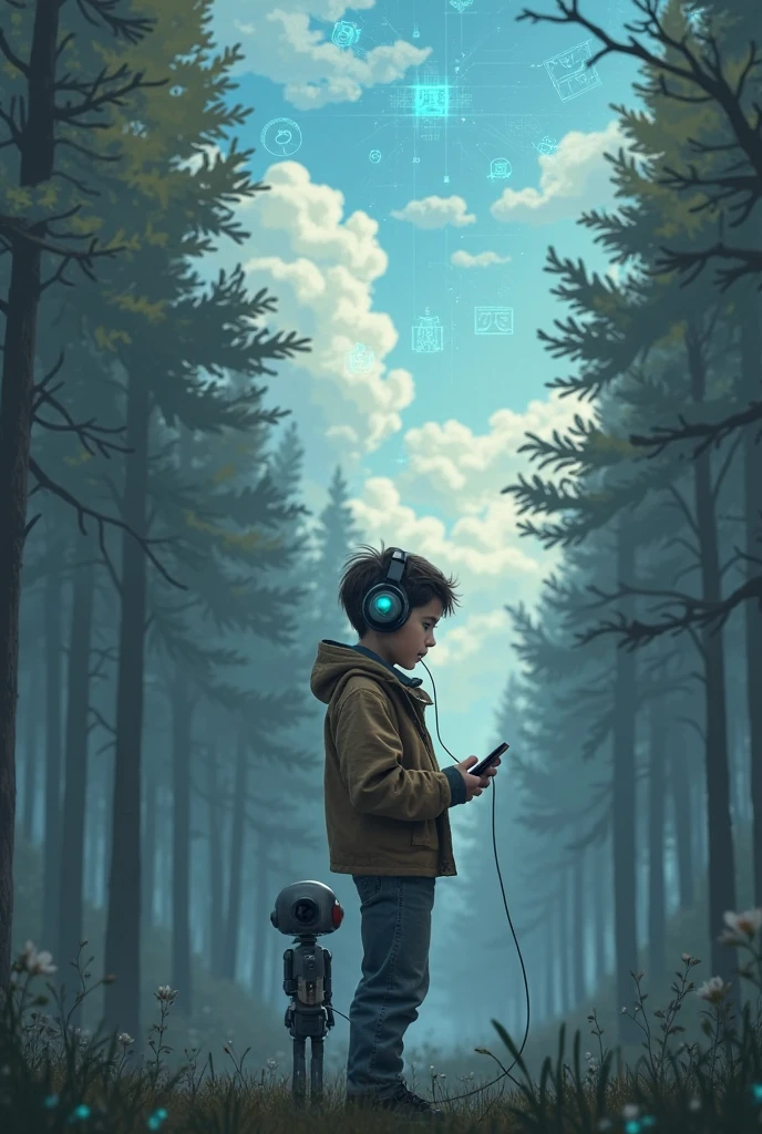 1 boy with headphones and cell phone with a nice lead landscape background and a flirtatious look Something more muted and background with gray tones