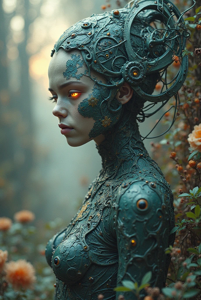 (Masterpiece, BestQuality:1,3),a photo of a highly-detailed Queen Of Hearts, covered in heavily rusted, decaying, fractured, and oxidized curved metal plates with lots of old frayed wires, ridged cables and damaged metal mesh in an atmospheric otherworldly misty wonderland hedge maze landscape