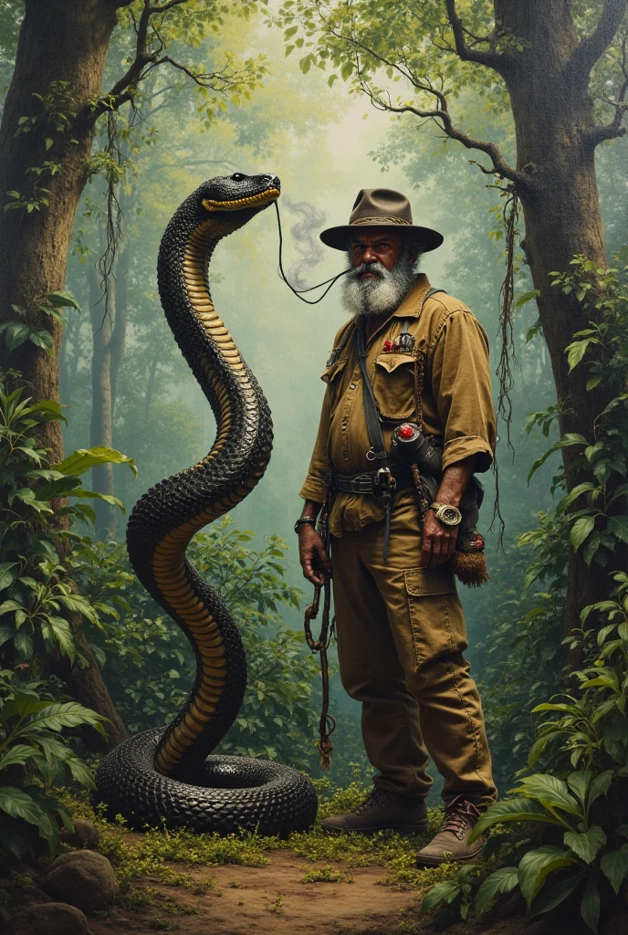 Portrait painting of a young white indigenous man with a bone in his nose.Short blue hair wearing a bandana in her hair .Tribal face tattoo. Avec un collier de dent de requin autour du coup. Bare chested in the jungle in a ripped beige sleeveless cotton jacket. Tenant un crapeau dans les deux main
