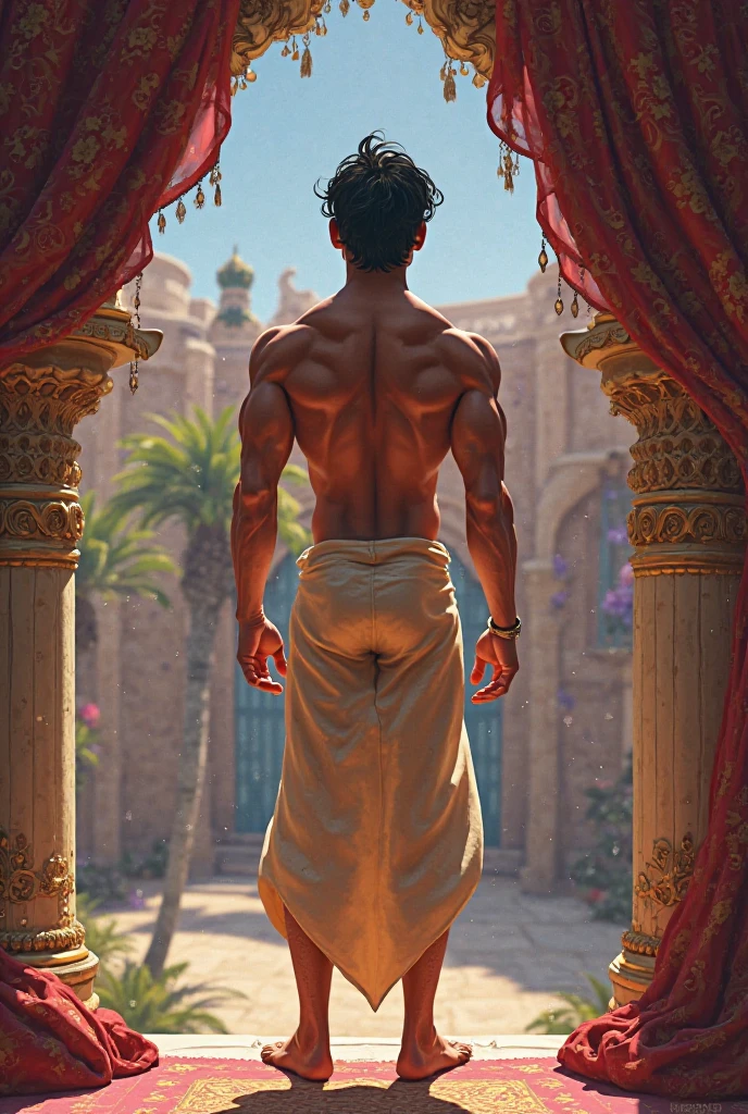Fantasy Boy, handsome young man with white skin and brown hair wearing pants with no shirt in a castle with open arms 
