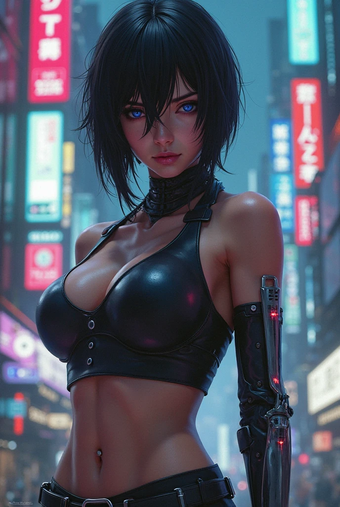 (masterpiece), (best quality), (very detailed), ((1 woman)), (cyberpunk), high angle view of futuristic city at night as background, Female assassin wearing a revealing suit, perfect face, perfect body, Place a small person on the left side of the picture, movie poster, landscape. (((1girl, solo))), photo realistic, (medium-breast slim body, cleavage), (((full bra top, extreamly short pleated (((miniskirt))) exposing panty))), (((((matrix style black sunglasses))))), (((((aiming at viewer with a (short gun), (looking at camera)))))), (((((half-body (thigh level) medium shot))))), (cinematic lighting).