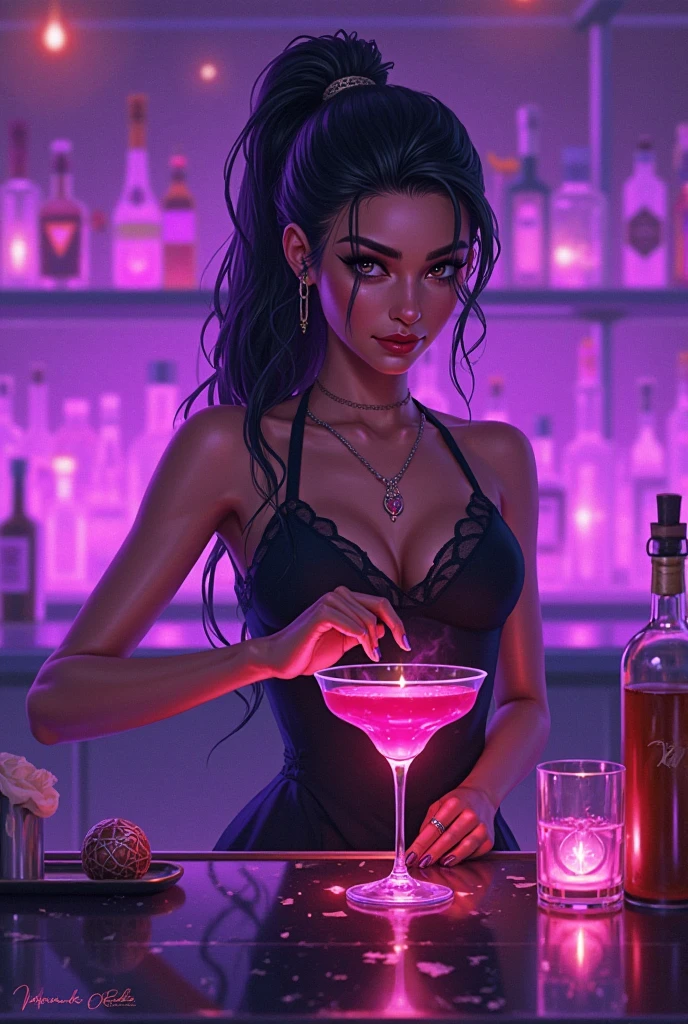 woman age 25, behind a refresh and magic purple daikiri, drink in a elegant cup, bright black hair, glowing green eyes, mature, sexy pose, long legs, curves, large breasts, thick thighs, wide hips, long eyelashes, very feminine, purple clothes, purple mini skirt, up skirt, camel toe