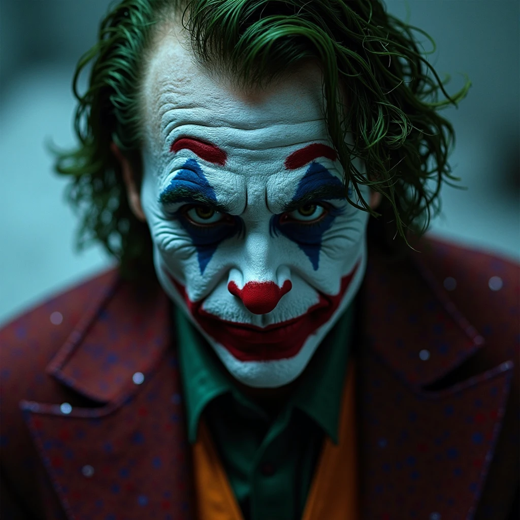 "A melancholic clown, closely resembling Joaquin Phoenix's Joker, is sitting alone in a dark, shadowy environment, ideal for a thumbnail layout. His appearance matches the iconic smeared makeup: a white face, red lips, and blue diamond shapes over his eyes, capturing the Joker's signature look. He is laughing maniacally, mimicking the intense, almost hysterical laughter depicted on the cover of 'The Killing Joke' comic. Tears stream down his face as he laughs, creating a powerful contrast between his outward expression and the deep sadness reflected in his eyes. A dim, dramatic light illuminates part of his face, casting deep shadows and enhancing his conflicted emotions. The background is blurred and dark, emphasizing his isolation. His red suit is visible but appears worn and slightly tattered. The composition leaves space at the top or bottom for text. In the style of the Joker movie font, add the phrase: 'Entre a Luz e a Escuridão'. The overall image should have a high-contrast, cinematic feel to capture the viewer's attention immediately."