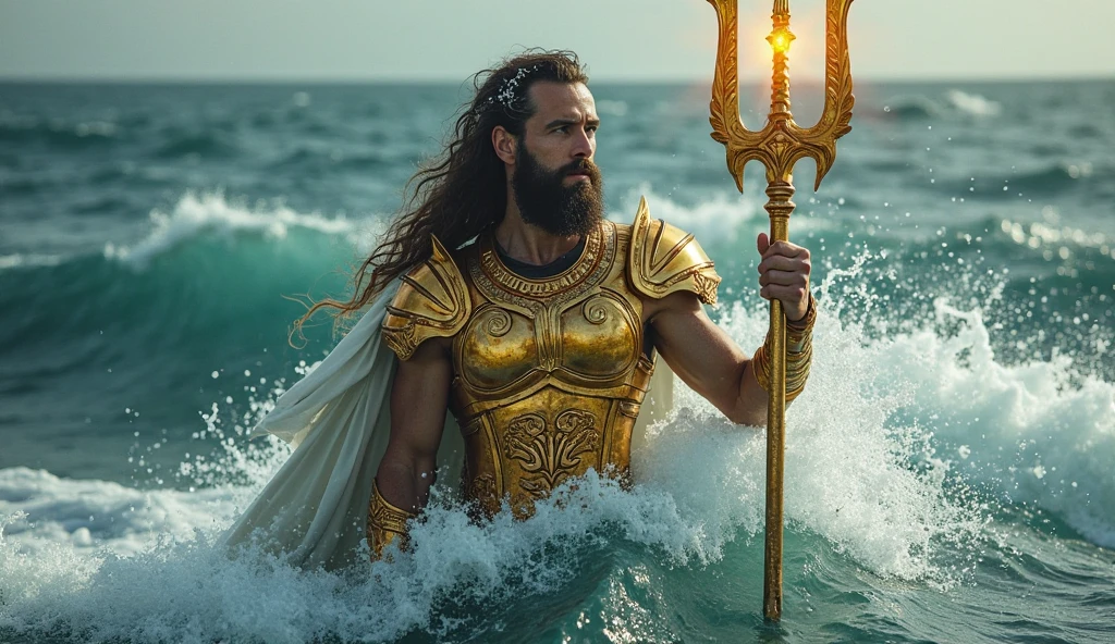 Sexy god Poseidon, Coming out of the sea half naked, with his trident in his hand, Looking seductively at the viewer, sunny lighting.