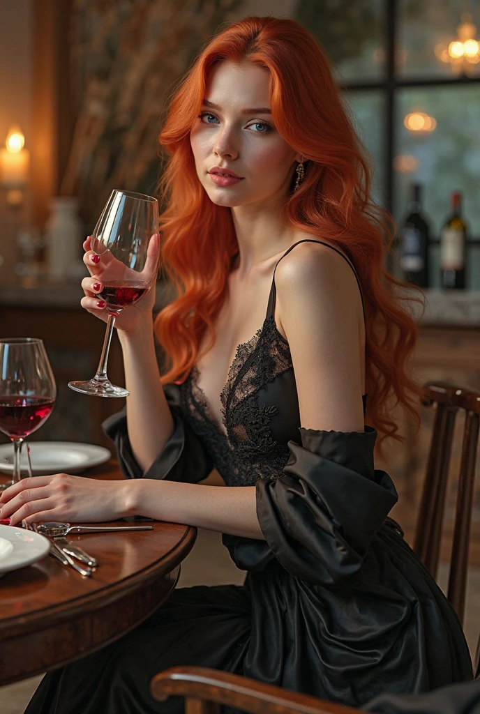 (8k wallpaper extremely detailed), soft lighting, high quality, grain de film, Fujifilm XT3 sharp focus, f2.6, 135mm, high details, sharpness,(natural light), realistic, ultra realistic, photo realistic, crazy details, intricate details, super detailed,) jeune fille rousse, green eyes like emerald green, in a red silk dress with a glass of red wine