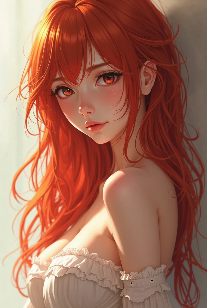 ((best quality, masterpiece, 4k, Best anatomy)), moody lighting, beautiful elf woman, ((crimson red hair)), ((very long hair)), perfect face, innocent smile, sparkling eyes, ((yellow eyes)), ((naked)), (()), ((slender)), ((flat chest)), ((18 years old)), skindentation, extreme detail, attractive oval face, pink lips, pink nipples, glossy skin, detailed hair, face focus, close-up chest, gold ornamental necklace, earrings, ((1 girl)), blush, embarrassed expression,