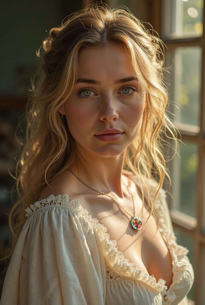 Create a captivating portrait of a voluptuous boho woman with green eyes and, blonde hair tied up, she is sitting. She hasafaircomplexionadorned with delicate freckles, and her expression is contemplative, reflecting a moment of deep thought. She wears a white-colored, off-shoulder linen stain dress, with deep neck linen, complemented by a necklace and various boho jewelry that accentuates her bohemian style., photo