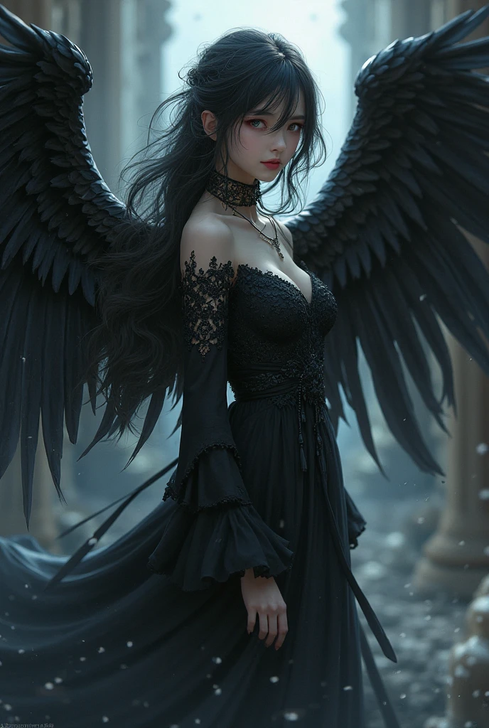 (((flying in the sky:1.2))),An illustration of a girl with the appearance of a fallen angel. She has dark, feathery wings with tattered edges and a melancholic expression. Her long hair flows freely, with a few strands falling over her eyes. She wears a gothic-inspired outfit, featuring a dark dress with lace and intricate details. The girl's eyes are a striking color, and she has a subtle aura of sadness and mystery. The background is dimly lit, with a soft, ethereal glow that highlights her figure, adding to the overall otherworldly and mystical atmosphere.