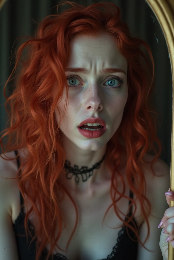 Beautiful black girl with wavy long orange hair, waking up shocked to see her reflection in the mirror. She was now very ugly. A part of her face had become bad. She was cursed