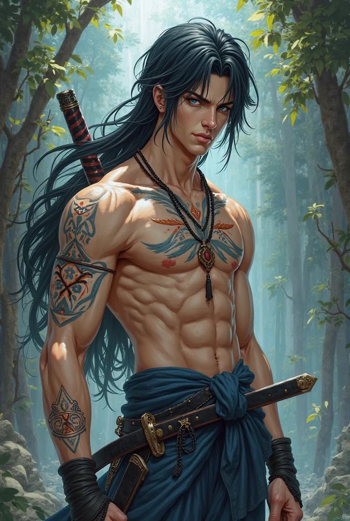 Best image quality, threaten, Holding a spear, primitive, Spread your legs, Primary forest, In underwear, ""Primitive clothing"", male, Black Hair, paint