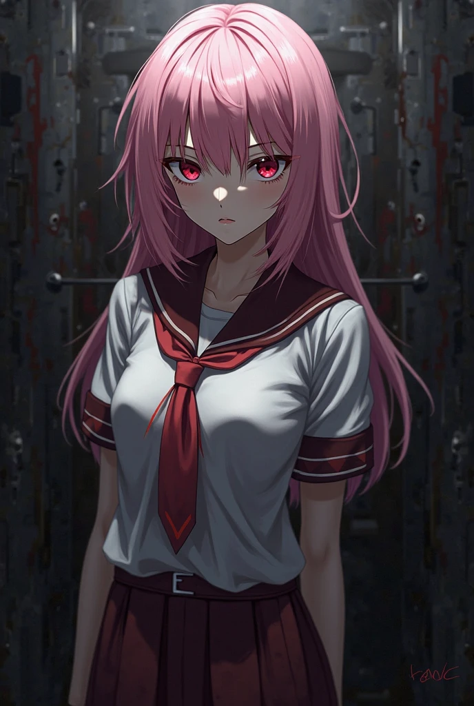 masterpiece, best quality, looking at viewer, facing viewer, bare legs, 1girl, solo, upper body, bow, serafuku, disgusted face, night time, heavy rain, outdoors, city, crop top, navel, wet clothes, drenched, overly long sleeves, hands in sleeves, blood tears, blood marks, dark alleyway, blood splattered on the ground, red bright light, glowing eyes, depth of field
