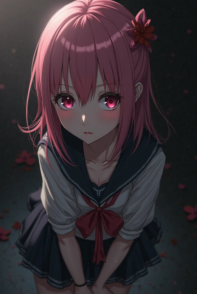 masterpiece, best quality, looking at viewer, facing viewer, bare legs, 1girl, solo, upper body, bow, serafuku, disgusted face, night time, heavy rain, outdoors, city, crop top, navel, wet clothes, drenched, overly long sleeves, hands in sleeves, blood tears, blood marks, dark alleyway, blood splattered on the ground, red bright light, glowing eyes, depth of field
