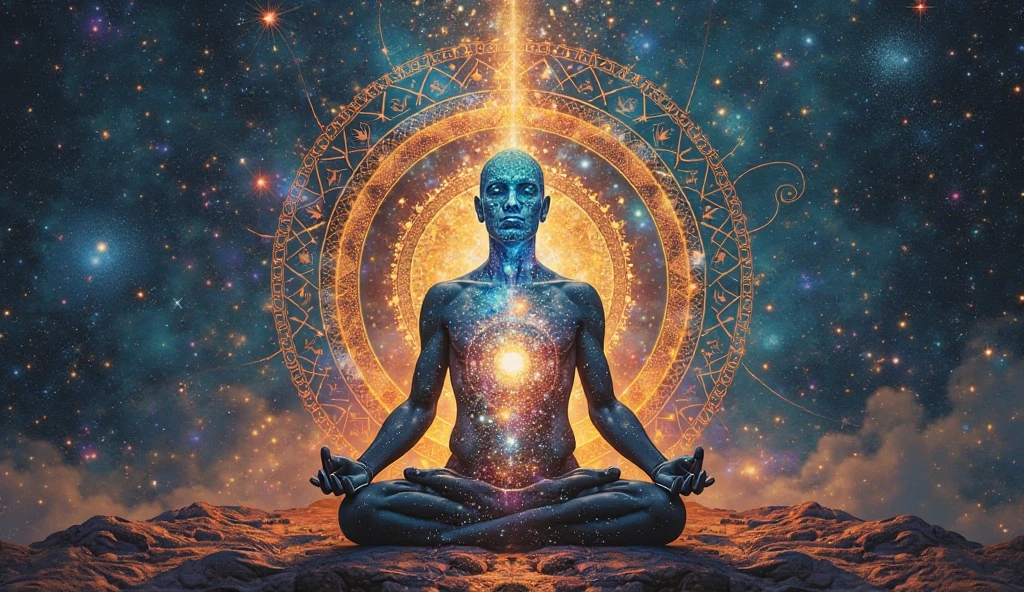 Create a woodcut style image digital art surreal art that depicts a mystical figure with divine characteristics,the figure can meditate,or pray to god,the figure strikes poses of spirituality connected with the astral, symbolizing control and harmony with the universe. Use a vibrant color palette, including blue, oranges and whites, to create heavenly contrast and a stunning visual effect,the figure shows the divine frequency