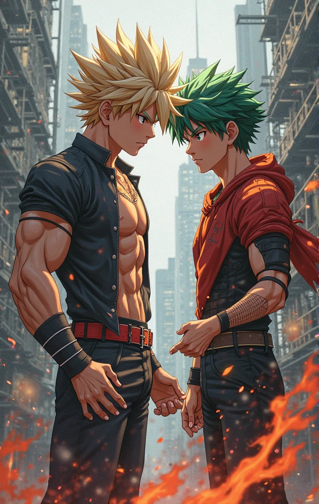 left,A man with blonde hair,Eyes widened,Throw a punch and hit the green-haired man on the right,Close-up,In the daytime,the setting sun,Surrounding trees,an overgrown,In the mountains --auto