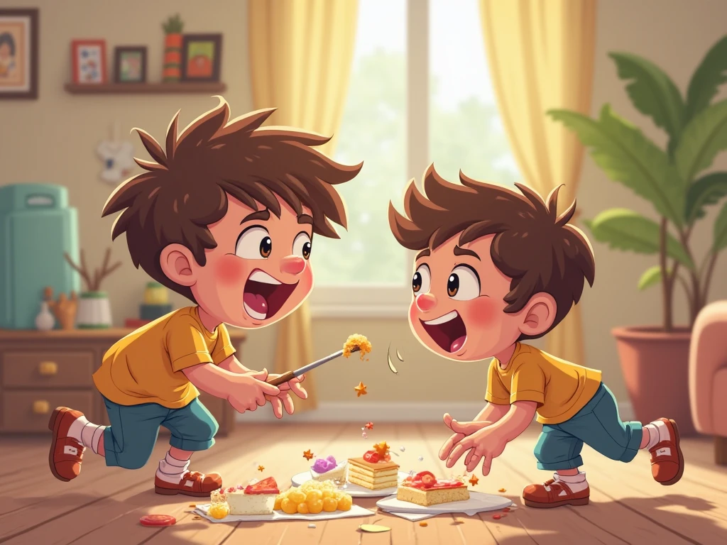 Thiago and Léo in an epic brotherly fight to see who gets the last piece of cake.