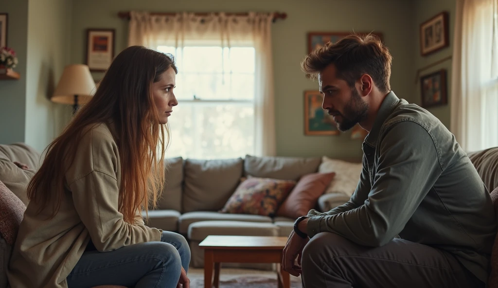 A sad georgous young woman with brown hair and white t-shirt and jeans setting on a wheelchair talking to her handsome boyfriend at home, 3d , cinematic masterpiece aesthetic, realistic
