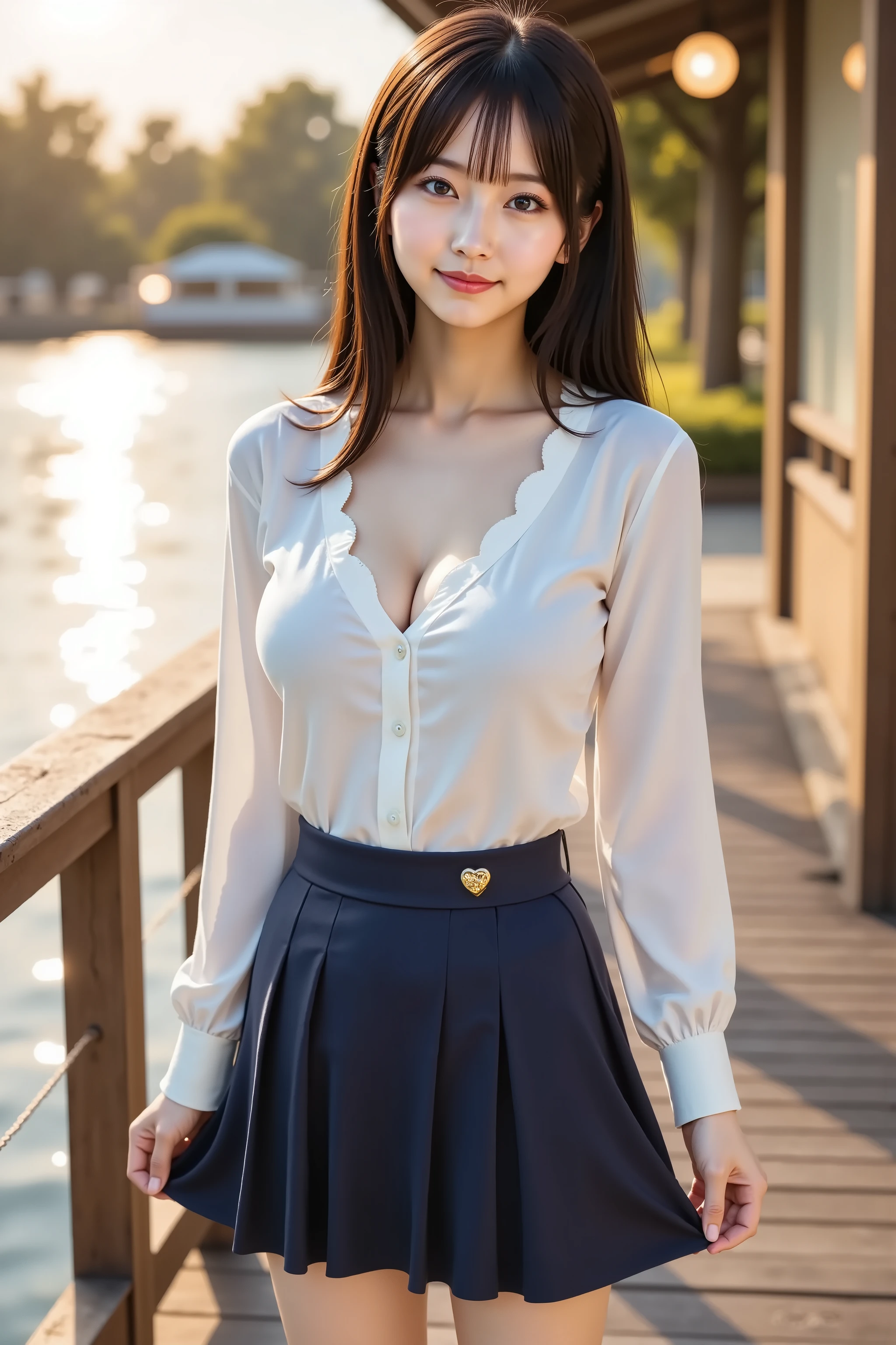 A photorealistic digital painting of a slender young woman with smooth fair skin and voluptuous firm breasts emphasized by a wide deep cleavage beneath a crisp white blouse crafted from fine cotton poplin with a scalloped Peter Pan collar and a delicate navy grosgrain ribbon tied in a neat bow at the throat, full bishop sleeves gathered into narrow cuffs at the wrists, and each hair strand rendered with lifelike detail—soft individual wisps and flyaways drifting in the breeze as they frame her face. A thin silver chain with a tiny heart pendant rests just above her cleavage, simple gold hoop earrings gleam at her lobes, and her full-length hair cascades past her shoulders in gentle waves, each strand catching the light. She wears a high-waisted navy pleated mini skirt made of lightweight wool-blend fabric with sharp knife pleats and a self-fabric belt tied in a tasteful bow at her waist, paired with nude strappy sandals that reveal her slender ankles and calves.

She stands full-body in a vertical 2:3 composition on a weathered wooden boardwalk beside a serene lakeshore at sunset, her pose rendered precisely: her left hand lifts the right hem of her skirt outward—fingertips gently splaying the fabric to reveal the graceful curve of her left thigh—while her right hand rests on the smooth round top rail of the boardwalk railing, thumb hooked around the edge to draw her shoulder back and thrust her chest boldly forward, accentuating her wide deep cleavage. Her elbows bend outward to sculpt an elegant S-curve through her slender torso and hips. Her weight shifts onto her right leg, causing her left hip to jut outward and her left knee to bend inward, toes pointed against the teak planks beneath, creating a subtle twist through her legs. Her torso tilts forward slightly, head tilted down so her large almond-shaped eyes meet the viewer in a serene confident gaze framed by feathery lashes, and her rose-tinted lips part in a soft inviting smile.

Warm golden light from the 