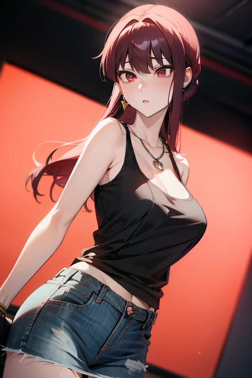 1girl, waist length hair, high ponytail hair, dark red hair, red eyes, wearing a stained singlet, black long jeans, arm tattoo, tucked in shirt, holding a wrench, very tall and slim, , delinquent, city, absurdres, high res, ultrasharp, 8k, masterpiece, looking at viewer