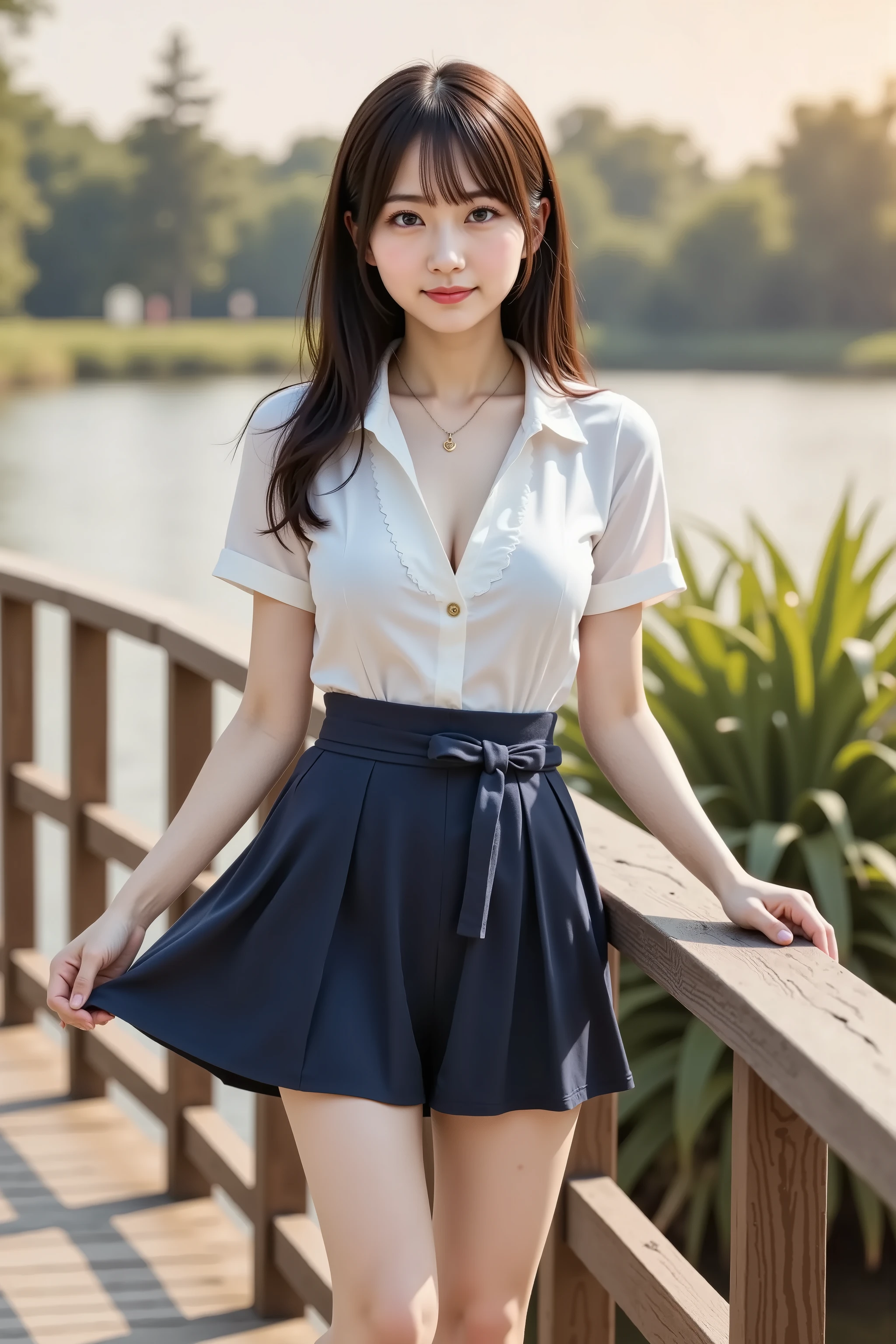 (Realistic:1.2),(Masterpiece,highest quality),8k,((One Woman)),20-year-old,Tight waist,Big Hips,Perfect Anatomy, Brown Hair, Wavy Hair,Random Hairstyles,Big beautiful breasts,((Highly detailed face and eyes))(Cute Face:1.4),Beautiful actress face,Perfect golden ratio face,Random sexy poses,smile、garter belt、White nurse uniform