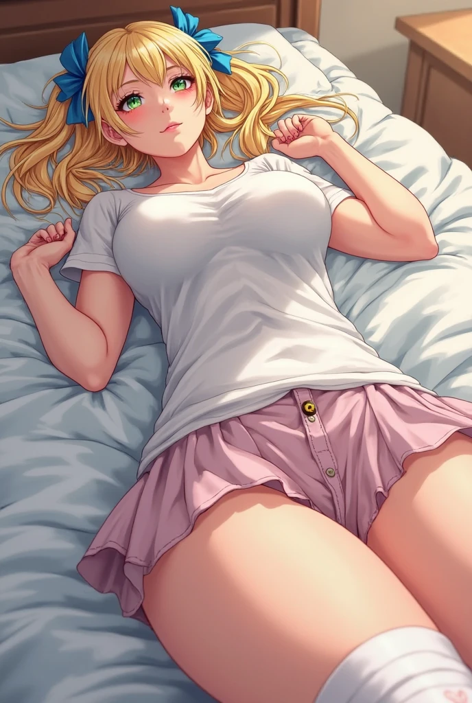 hug,solo,lady,(wavy hair,blonde hair),(panties),
(school uniform:1.2),baggy socks,
lie down,
On the bed,