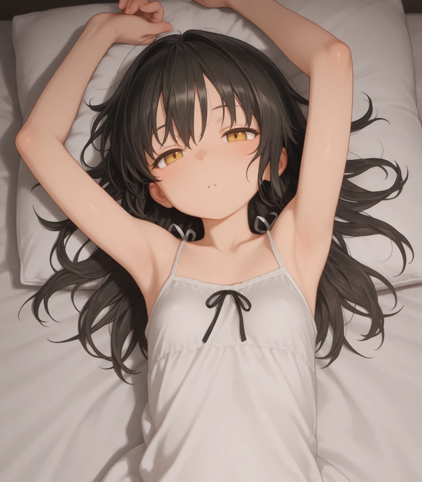 masterpiece, Best Quality, (lying down, lying in bed, she is in front of you), long black hair, halo, hits, yellow eyes, (( light yellow bra and panties )), big , (see through nipples), blush, little smile, (at night, in bed), before sleep, Soft lighting, indirect lighting