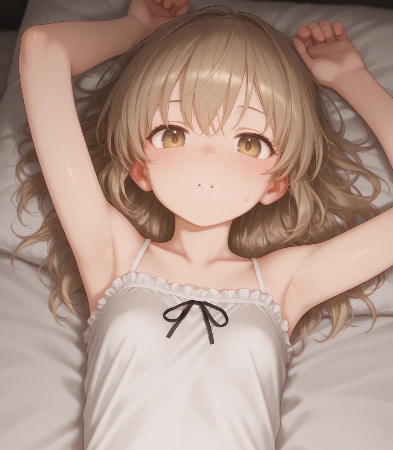 (masterpiece, 2D anime:1.2), (best quality:1.2), (very aesthetic:1.2), (absurdres:1.2), (detailed background),newest, (8yo kawaii petit little toddler, natural face:1.5) (lying and sleeping on the bed:1.3), (see-through casual camisole:1.5), white glowing skin, (perfect closed eyes, expressionless with blush cheeks:1.2), (childish body, light beige medium hair:1.3), cozy room interior, room lighting, centered composition