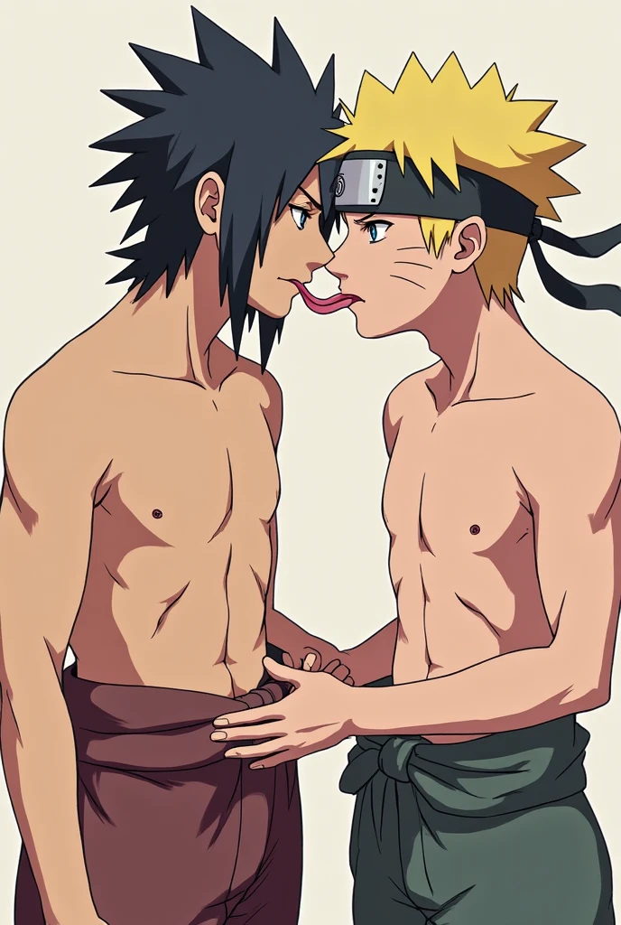 Create Naruto Uzumaki and Sasuke Uchiha wearing a man's thong without clothes.