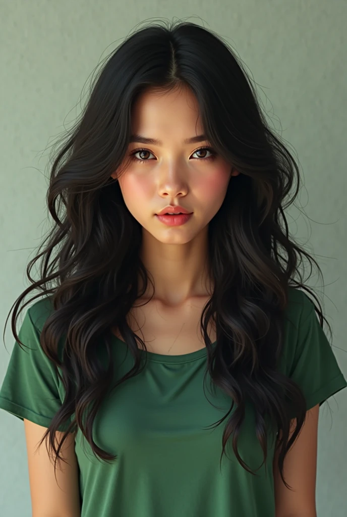((best quality, 8 thousand, masterpiece:1.4)), (20 year old woman), Highly detailed face and skin textures, detailed eyes, (Indonesian woman), (black wavy very long hair:1.3), beautiful bridge, Magic, body, thighs, very big breasts, (realistic:1.37), (Huge, saggy breasts), a scene from a movie, Beautiful portrait of a woman preparing food in the kitchen, ponytail, short ponytail, front ponytail, tongue out, shy, Surrealism, high detail, cinematic lighting, social media composition, cowboy shot, Fujifilm, UHD, retina, masterpiece, ccurate, anatomically correct, textured skin, super detail, high details, high quality, award winning, best quality, highres, 1080P, HD, 8k, 16k, ((huge_breasts)), ((sagging_breasts)), small face, woman in her 20s, wearing dull green t-shirt, Comfortable clothing when cooking,