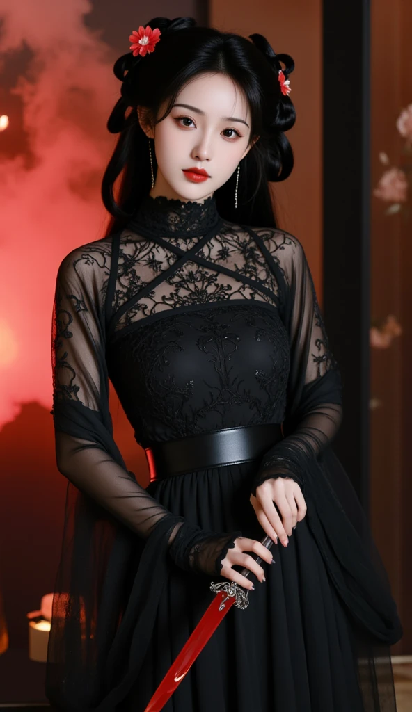 a young girl wearing black cloaks in front of red wall, in the style of heatwave, transparent/translucent medium, contemporary vintage photography, lowbrow, poolcore, associated press photo, feminine body, (medium shot)