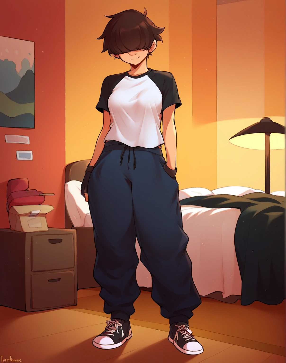 a skinny girl in her bedroom, from above, underwear, very short hair, staring at her feet, movie shot, standing, dreary lighting, tears