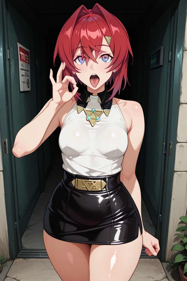 akiratoriyama art style, blue eyes, open mouth, cloud, 1girl, red hair, short red hair, medium hair, bob hair, black eyes, little black dress, strapless dress, short bodycon dress, skin-tight dress, choker, gold hoop earrings, gold bracelet, hotel background