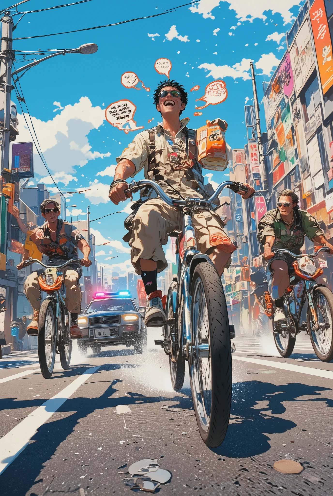 four men riding old-fashioned Japanese mamachari bicycles, laughing and enjoying themselves while fleeing from a police car, chaotic and absurd chase scene through the streets of a sunlit city, the men are wearing mismatched street-style outfits with GTA-inspired flair, exaggerated emotes: one stands up pedaling, another looks back dramatically, one holds a convenience store bag, and the last wears sunglasses and makes a peace sign, a police car with flashing red-blue lights follows behind, player name tags hover above each head in neon game-style HUD, dynamic motion blur, comedic and cinematic anime-style digital illustration, aidmamj6.1