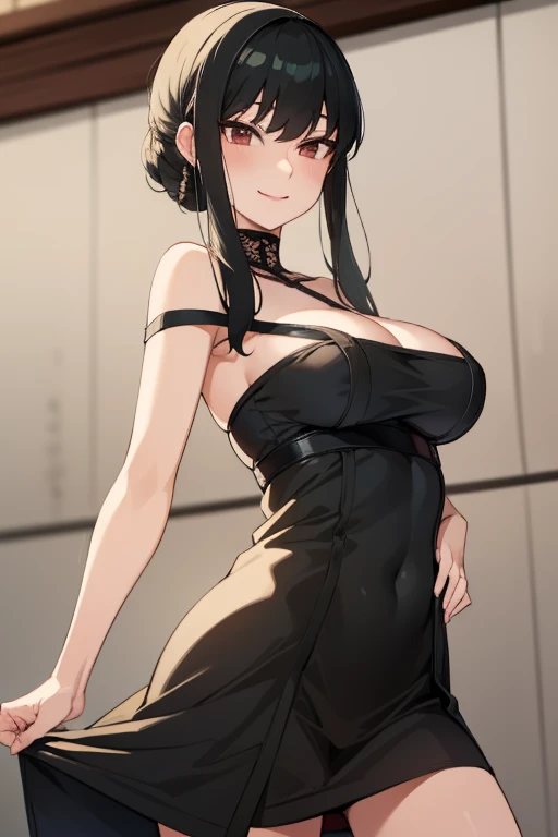 masterpiece, Highest quality, One girl, short ponytail、black hair、virgin killer sweater, (sweater dress:1.2), ribbed sweater,sideboob,cleavage cutout, turtleneck sweater,(broen sweater:1.3),(crop top navel:0.8)、sleeveless,gentle smile、Very sexy、upper body,from front,huge breasts