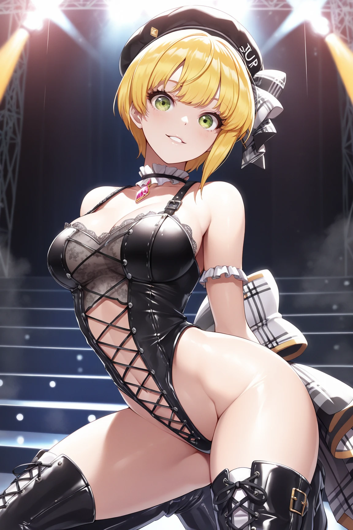 1girl, solo, breasts, looking at viewer, blush, smile, short hair, open mouth, bangs, blue eyes, blonde hair, thighhighs, bow, navel, animal ears, cleavage, bare shoulders, tail, ahoge, thighs, detached sleeves, black thighhighs, bowtie, armpits, nail polish, rabbit ears, arms up, leotard, wrist cuffs, clothing cutout, detached collar, blurry background, fake animal ears, highleg, blue bow, playboy bunny, rabbit tail, black leotard, highleg leotard, blue nails, blue bowtie, navel cutout, bunny pose